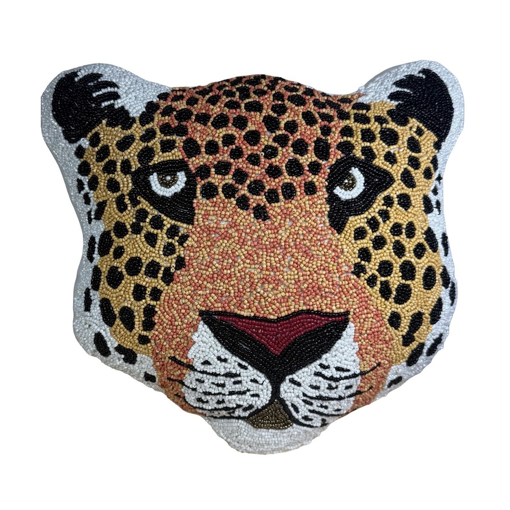 Beaded Leopard Face Pillow Embroidered Modern Adler Style